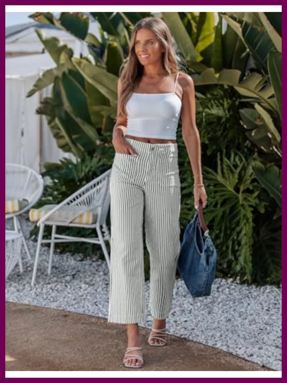 High Waisted Wide Leg Cropped Striped Stretch Denim Jeans